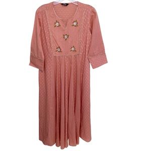Indya Dress Womens Large Floral Embroidered Boho Pockets Made in India Feminine